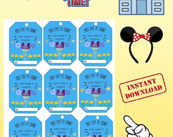 Etiqueta de presente para o primeiro dia na Disney para imprimir, lembrancinha mágica de férias, etiqueta de presente surpresa para viagem à Disney, etiqueta "Vamos tornar tudo mágico", presente para férias em família.
