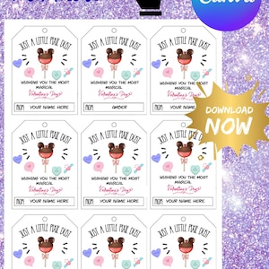 May include: Printable Valentine's Day gift tags featuring a Mickey Mouse-shaped lollipop design. Each tag reads "Just a Little Pixie Dust" and "Wishing you the most magical Valentine's Day." Includes space to write a name.