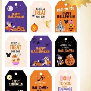 Op de afbeelding: Printbare Halloween-cadeaulabels met verschillende ontwerpen. Labels bevatten zinnen als "Happy Halloween", "Here's a Treat" en "Boo!" met illustraties van pompoenen, vleermuizen en stripfiguren.