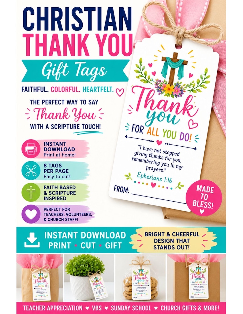 Christian School Teacher Thank You Gift Tag Printable Scripture Teacher ...