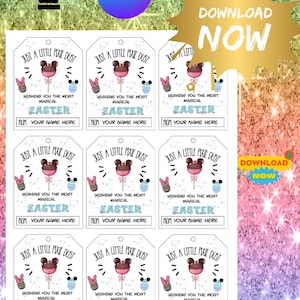 May include: White Easter gift tags with a colourful background. Each tag features a Mickey Mouse-shaped lollipop, Easter eggs, and the text "Just a Little Pixie Dust" and "Wishing you the most magical Easter". Includes space to write "From your name here".