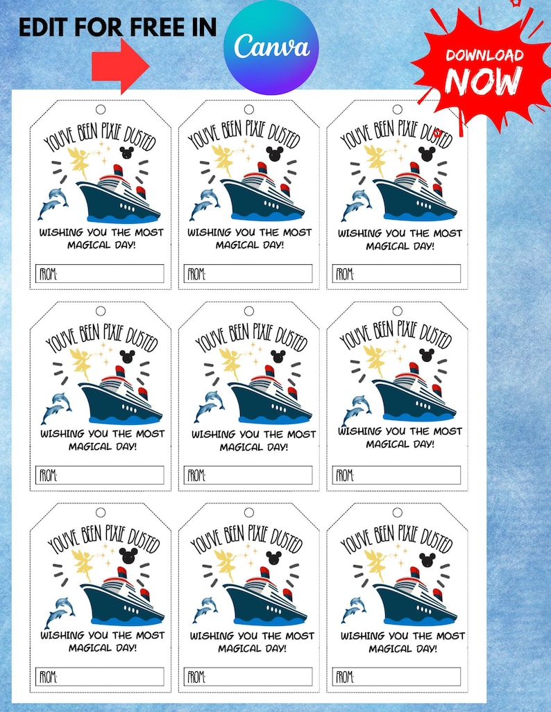 May include: A printable sheet of nine rectangular gift tags featuring a cruise ship, a fairy, and a mouse ear silhouette. Each tag includes the text 'YOU'VE BEEN PIXIE DUSTED', 'WISHING YOU THE MOST MAGICAL DAY!', and a 'FROM' line for personalization.