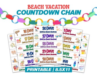 Beach Vacation Countdown Chain Printable | 30 Day Vacation Countdown | Kids Summer Countdown | Beach Trip Countdown | Printable Paper Chain