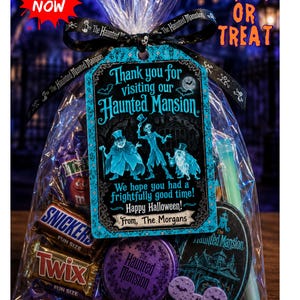 May include: A clear plastic treat bag tied with a black ribbon featuring The Haunted Mansion text. Inside are Snickers and Twix bars, a purple tin, a glow stick, and a Haunted Mansion tag with three ghosts and the text Thank you for visiting our Haunted Mansion. We hope you had a frightfully good time! Happy Halloween! From, The Morgans.