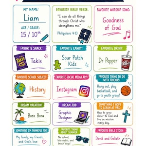 Könnte beinhalten: Ein farbenfrohes VBS-Poster "Dich kennenlernen!" mit verschiedenen Abschnitten. Enthält "Mein Name: Liam", "Lieblings-Snack: Takis", "Lieblingsgetränk: Dr. Pepper" und "Lieblings-Bibelgeschichte: David und Goliath". Das Poster ist spielerisch gestaltet.