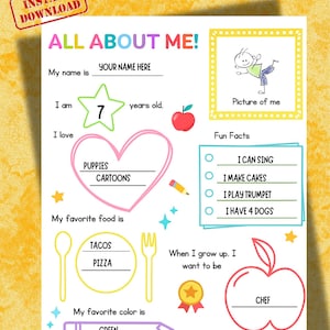 All About Me Worksheet Printable Back to School Activity First Day of School Keepsake Fun Kids Printable Activity PDF Get to Know Me Sheet