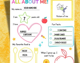 May include: A colorful "All About Me" printable sheet, 8.5 x 11 inches, with fill-in sections for name, age, favorites, and future aspirations. Includes a space for a picture and fun facts.