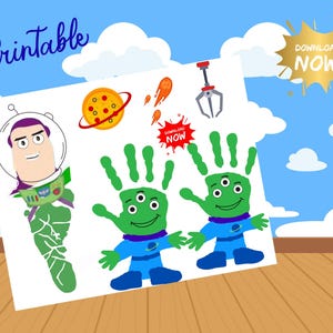 Pode incluir: Uma folha digital imprimível com gráficos de temática espacial, incluindo uma personagem com capacete espacial, um planeta com anéis, um braço de garra e dois alienígenas verdes em forma de impressão de mão com fatos espaciais azuis.