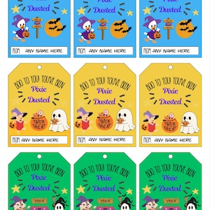 以下が含まれることがあります： 青、黄、緑色のハロウィーンをテーマにした9つのギフトタグ。各タグには「BOO TO YOU! YOU'VE BEEN Pixie Dusted」というテキストと、ハロウィーンのキャラクターと「TRICK or TREAT」という言葉が記載されています。