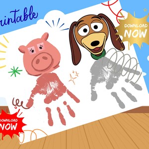 以下が含まれることがあります： ピンクの手形で作られた豚のイラストと、灰色の手形で描かれた胴体とバネを持つ茶色の犬の頭部が描かれた印刷可能なクラフトシート。デザインにはPrintableという文字と、赤と金のDownload Nowのアイコンが含まれています。