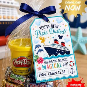 May include: A clear cellophane bag tied with a navy blue ribbon, containing a yellow Play-Doh container, mini candy bars, and a tag that reads "You've Been Pixie Dusted!" with a cruise ship graphic. The tag also says "Wishing you the most Magical Day!"