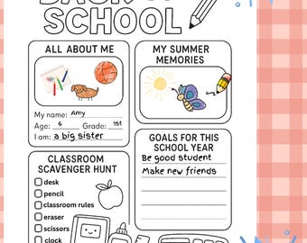 Afdrukbaar werkblad Terug naar school Alles over mij Eerste schooldag Activiteit Aandenken voor leerlingen Thuisonderwijs Klaslokaal Afdrukbaar pdf-werkblad