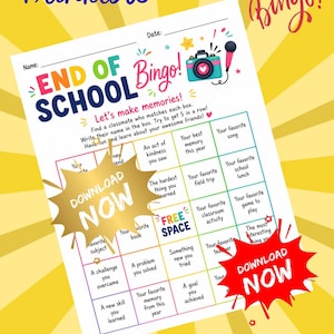 Bingo imprimible de fin de curso / Actividad para el último día de clase / Hoja de trabajo para juegos de aula / Juego de memoria de fin de curso / Actividad de entrevista para niños