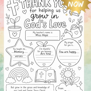 Op de afbeelding: Zwart-wit afdrukbare kleurplaat met de tekst "THANK YOU for helping us grow in God's Love." Bevat illustraties van een kruis, een gieter, een appel en een zonnebloem. De tekst "DOWNLOAD NOW" is ook aanwezig.