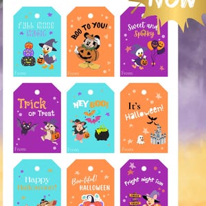 May include: Printable Halloween-themed gift tags with various designs. Tags feature characters and phrases like "Full Moon Magic," "Boo to You," and "Trick or Treat." The tags are in orange, purple, and blue colors.