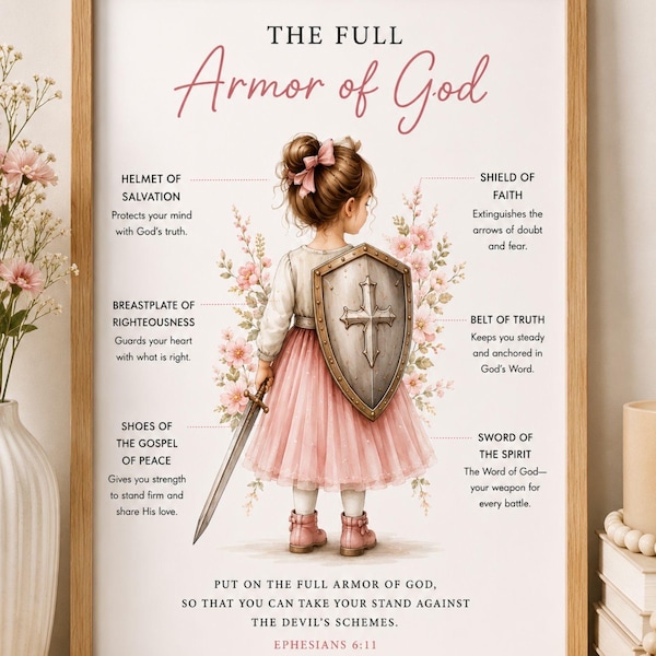 Arte de parede digital para meninas com a armadura completa de Deus, baseada no versículo bíblico de Efésios 6:11.