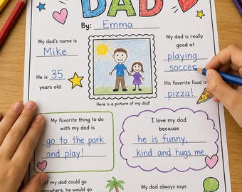 All About My Dad Printable Father’s Day Questionnaire for Kids Coloring Page Gift Kids Fill-In Sheet Kids Preschool Kindergarten Craft PDF