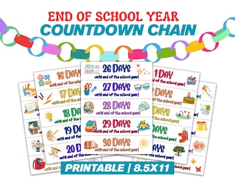 Last Day of School Countdown Chain Printable | End of School Year Countdown | 30 Day Countdown for Kids | Classroom Countdown Printable PDF