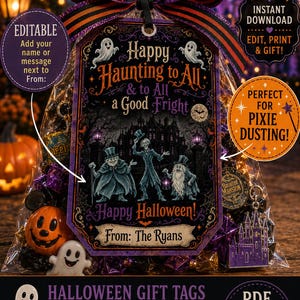 May include: A clear plastic treat bag tied with an orange and black striped ribbon, featuring a rectangular gift tag with the text Happy Haunting to All & to All a Good Fright, Happy Halloween, and From: The Ryans, decorated with three ghost-like figures.
