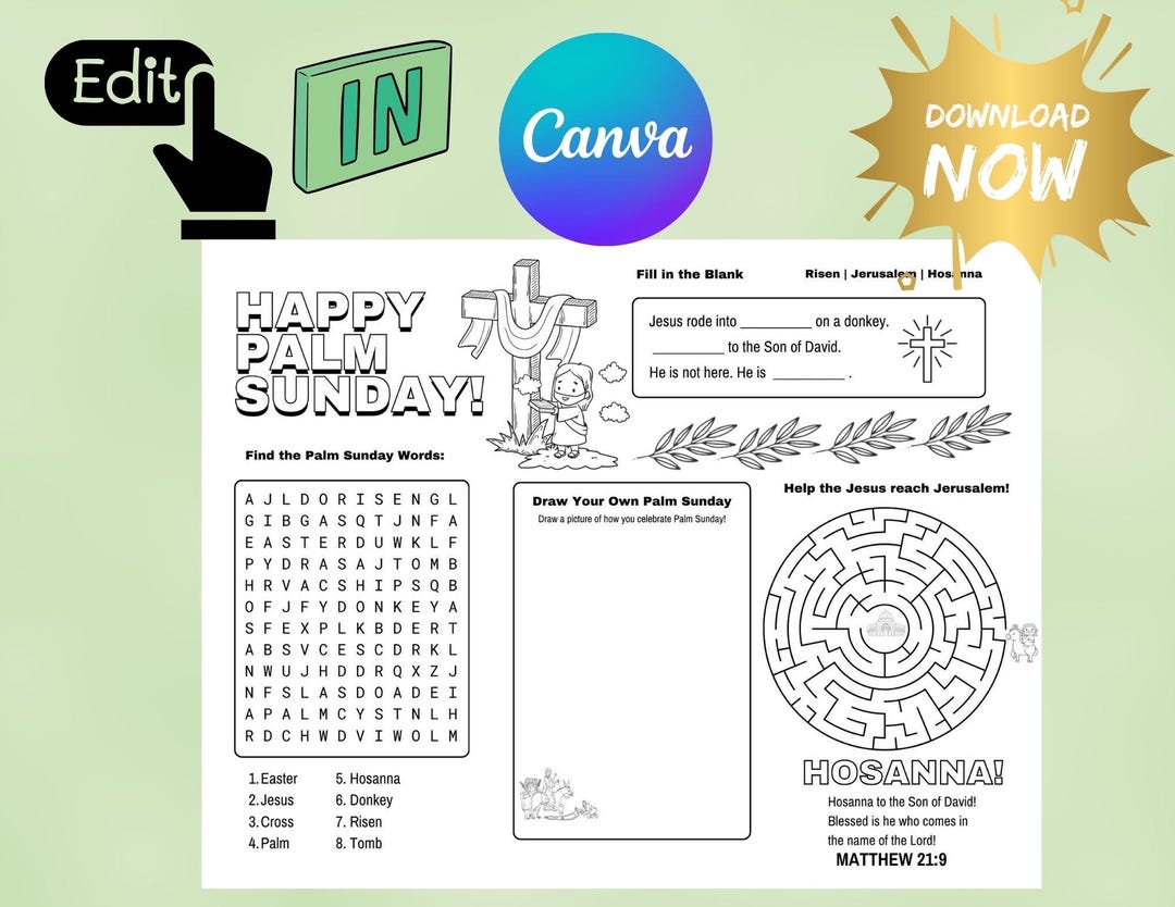 Palm Sunday Activity Placemat Printable Christian Easter Kids Worksheet ...