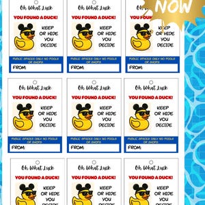 May include: Printable tags with a yellow duck wearing sunglasses, the text "Oh What Luck, You Found a Duck!" and "Keep or Hide You Decide." Includes space to write "From:" and a "Download Now" graphic.