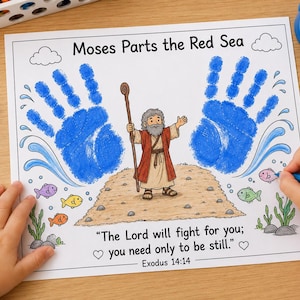 Moses Parts the Red Sea Handprint Craft Printable PDF | Sunday School Coloring Page | VBS Bible Activity | Christian Homeschool Worksheet