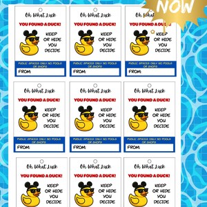 May include: A printable sheet of nine rectangular tags featuring a yellow rubber duck wearing black mouse ears and sunglasses. The text reads Oh What Luck, YOU FOUND A DUCK, KEEP OR HIDE YOU DECIDE, PUBLIC SPACES ONLY NO POOLS OR SHOPS, and FROM.