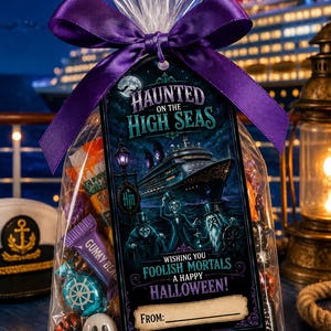 May include: A clear plastic treat bag filled with assorted sweets, tied with a purple satin ribbon. A rectangular tag features the text Haunted on the High Seas, Wishing You Foolish Mortals a Happy Halloween, and a From line for writing.