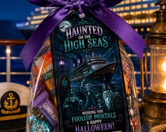 Etiquetas de regalo editables de polvo de hadas para Halloween en Disney Cruise Line, imprimibles, sorpresa en la cabina, etiqueta de regalo de la Mansión Embrujada, barco de vacaciones de Disney