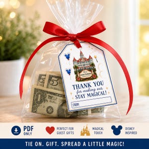 Könnte beinhalten: Ein durchsichtiger Plastikgeschenkbeutel mit US-Dollarnoten, gebunden mit einem roten Satinband und einem weißen Anhänger. Der Anhänger zeigt eine Illustration des Grand Floridian Resorts und den Text: THANK YOU for making our STAY MAGICAL!