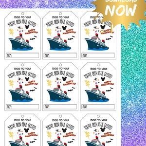 Può includere: Bigliettini regalo di Halloween stampabili con un design a forma di nave da crociera. Ogni bigliettino presenta il testo "Boo to You! You've Been Pixie Dusted" e "Happy Halloween". I bigliettini hanno uno spazio per scrivere "From". Lo sfondo è un viola e verde acqua glitterato.