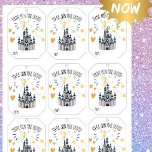 Puede incluir: Etiquetas de regalo imprimibles con el texto "You've Been Pixie Dusted". Cada etiqueta presenta una ilustración de castillo, un hada, corazones y estrellas. Las etiquetas son blancas con un fondo brillante y las palabras "Download Now".