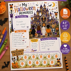 May include: A Halloween memory worksheet for kids measuring 8.5 inches by 11 inches. The page features a haunted castle illustration, sections for costume details, activity checklists, favorite treats, and a thumbprint patch area for memories.