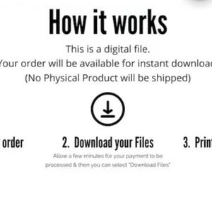 Op de afbeelding: Witte afbeelding met de tekst "How it works" en instructies voor het downloaden van digitale bestanden. Stappen zijn onder meer het plaatsen van een bestelling, het downloaden van bestanden en het afdrukken. Pictogrammen van een winkelwagen, een downloadpijl en een printer zijn inbegrepen.