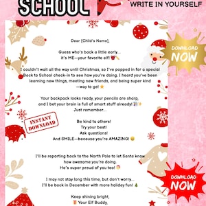 May include: A pink Back to School printable letter with Christmas-themed decorations and text. The letter includes the phrases "Edit Free in Canva or Write in Yourself" and "Instant Download Now". The letter is from an elf.