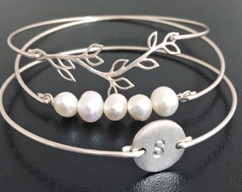 Bridesmaid Bracelet Set or Maid of Honor Bracelet Set Cultured Freshwater Pearl, Branch & Initial Bracelet Wedding Jewelry for Bridesmaid