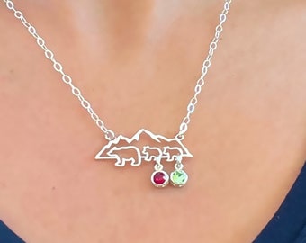 Mama Bear Necklace w/ 2 Cubs Sim Birthstones Personalized Necklace Mothers Day Gift Wife Sister Friend Mom 2 Two Kids Son Daughter Boy Girl