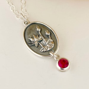 July Birth Flower Necklace Sterling Silver with sim Ruby Birthstone July Flower Waterlily July Birthday Gift for Her, Friends July Necklace
