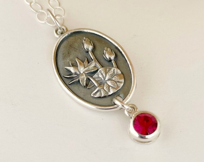 July Birth Flower Necklace Sterling Silver with sim Ruby Birthstone July Flower Waterlily July Birthday Gift for Her, Friends July Necklace