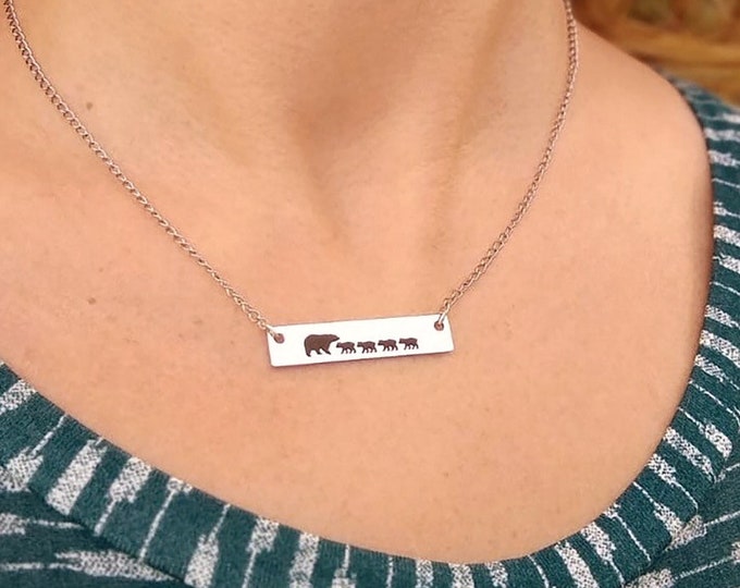 Stainless Steel Mama Bear with 4 Cubs Necklace Mom Gift Christmas Present Wife Aunt Sister Grandma Her Mamma Mama Bear Necklace Four Cubs