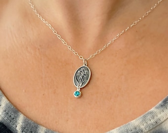 December Birth Flower Necklace Silver Crystal Blue Topaz Birthstone December Flower Narcissus December Birthday Gift Her December Necklace
