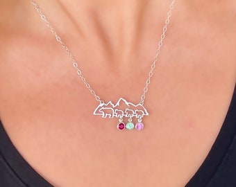 Personalized Mama Bear Necklace with 3 Cubs & Sim Birthstones Sterling Silver Family Necklace Mom of 3 Wife Mother's Day Gift Mom from Kids