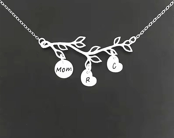 Sterling Silver Family Tree Necklace Personalized Gift Mom Christmas Gift Custom Necklace Mom Necklace with Kids Initials up to 9 Charms