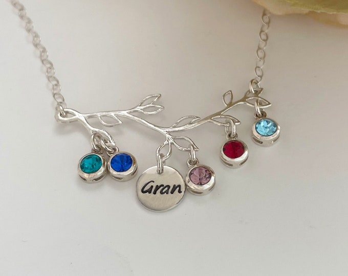Sterling Silver Family Tree Birthstone Necklace Grandma Christmas Gift Nana Mimi Gigi Grandmother Heartfelt Mother Necklace Her Holiday Gift
