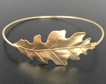 Pulsera de hoja de roble en tono dorado, joyería natural para mujer, joyería para dama de honor de otoño, regalo para dama de honor de otoño, joyería para boda de otoño.