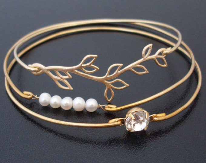 Romantic Wedding Bracelet Set Bridal Bracelets Gold Plated Olive Branch Cultured Freshwater Pearls Rhinestone Bridal Jewelry Wedding Jewelry