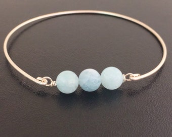 Aquamarine Bracelet Sterling Silver Aquamarine Bangle Women Blue Bead Bracelet March Birthday Jewelry Gift Idea March Birthday Gift for Her