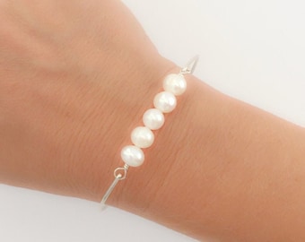 Sterling Silver Cultured Freshwater Pearl Bracelet for Women Pearl Bangle Bracelet Bridal Bride Bracelet for Wedding Day Bridesmaid Bracelet