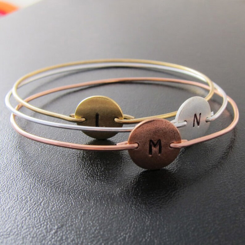 Mixed Metal Bracelets, Mixed Metal Jewelry, Three Initial Monogram Bracelets, Mixed Metal Bangles, Copper, Silver, Gold, Handmade Jewelry image 5