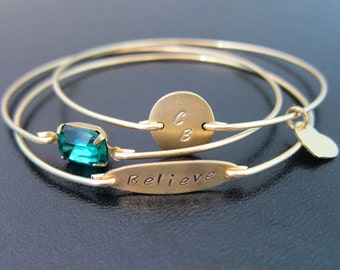 Believe Bracelet Set of 3 Custom Bangle Bracelets for Women Believe Jewelry Stackable Bangles Custom Bracelet Stack Personalized Bangle Set